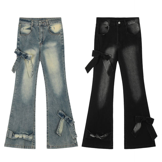 Vintage Wash Bow Flare Leg Jeans