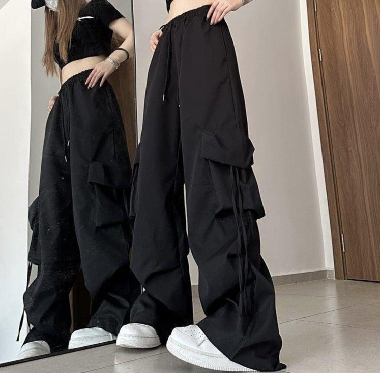 Baggy Drawstring Parachute Cargo Pants - fairypeony