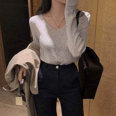 V-neck Split Waist Long Sleeve Knitted Tee