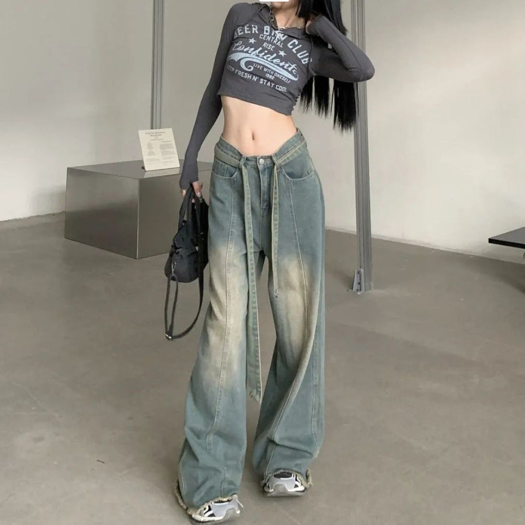 Tie Strap Seam Detail Vintage Washed Jeans - fairypeony