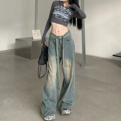 Tie Strap Seam Detail Vintage Washed Jeans - fairypeony