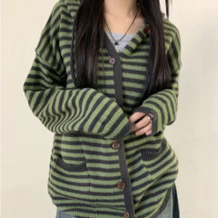 Vintage Striped Loose Hooded Knitted Cardigan