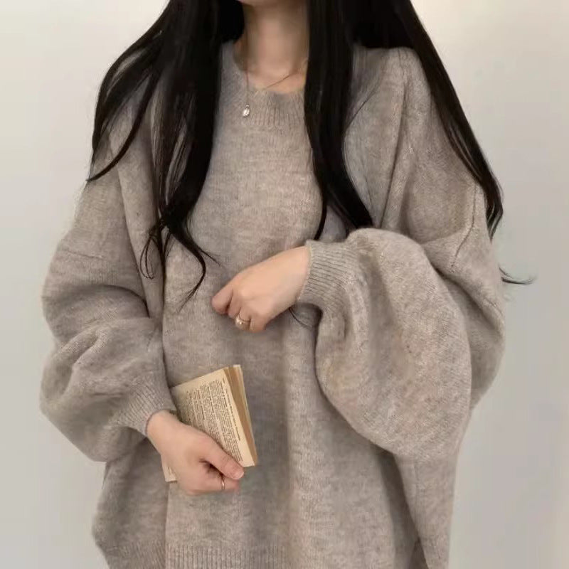 Round Neck Solid Color Oversized Sweater - fairypeony