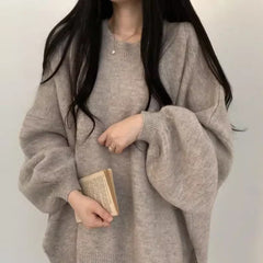 Round Neck Solid Color Oversized Sweater - fairypeony