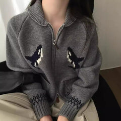 Korean Style Heavy Industry Cartoon Dolphin Lapel Zipper Knitted Cardigan
