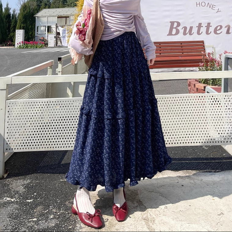 Aesthetic Floral Ruffled Maxi Skirt