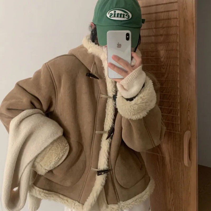 Thickened Hooded Horn Button Fur Outwear