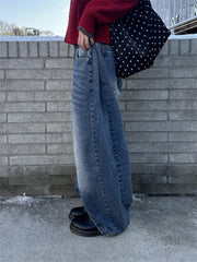 Retro washed wide-leg buttoned hem jeans in dark blue, side view