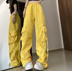 Baggy Drawstring Parachute Cargo Pants - fairypeony