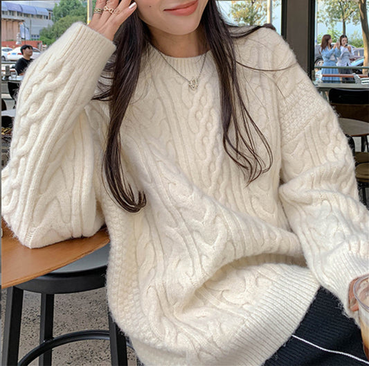 Solid Color Cable Knit Pullover Sweater - fairypeony