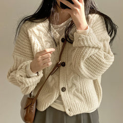 Solid V Neck Puff Sleeve Cable Knit Cardigan - fairypeony