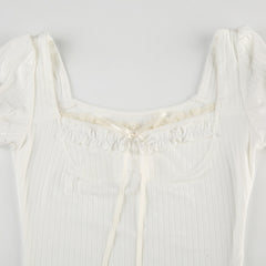 Bow Knot Square Neck Puff Short Sleeve Tee