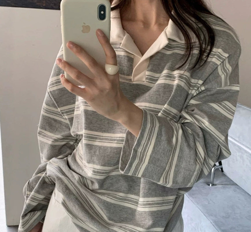 Striped polo collar shirt in Gray, mirror view