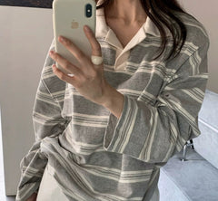 Striped polo collar shirt in Gray, mirror view