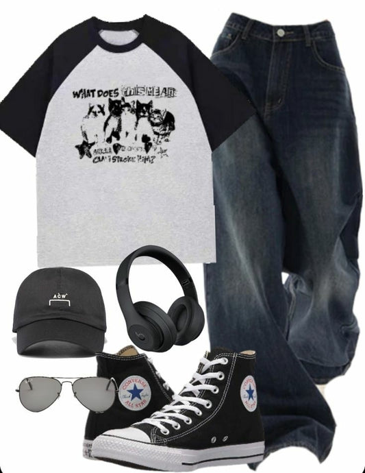 OOTD: Aesthetic Kitten Print Raglan Short Sleeve Tee + Vintage Blue 90s Boyfriend Jeans