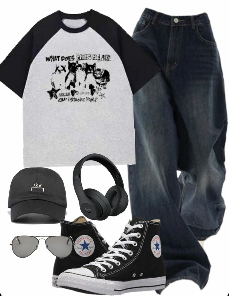 OOTD: Aesthetic Kitten Print Raglan Short Sleeve Tee + Vintage Blue 90s Boyfriend Jeans