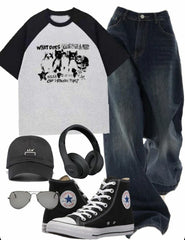 OOTD: Aesthetic Kitten Print Raglan Short Sleeve Tee + Vintage Blue 90s Boyfriend Jeans