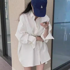 Solid Color Polo Collar Long Sleeve Loose Blouse
