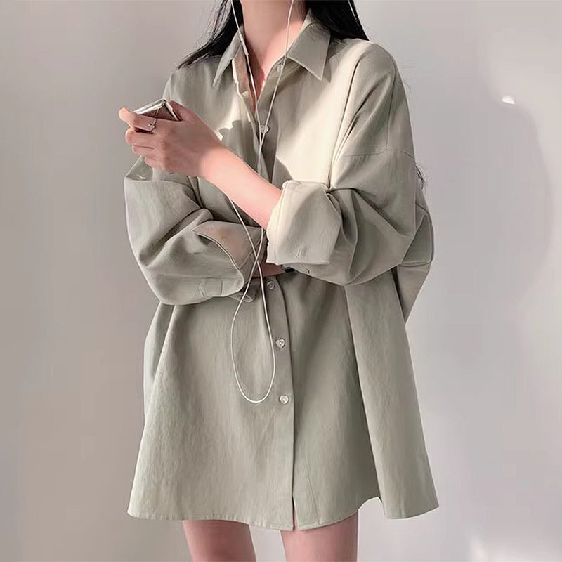 Solid Color Polo Collar Long Sleeve Loose Blouse