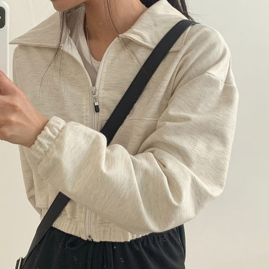 Vintage Solid Color Crop Zip Up Jacket