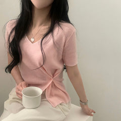 V-neck Split Waist Short sleeve Knit Tee