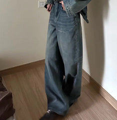 Vintage blue loose wide-leg denim pants in retro blue, relaxed fit