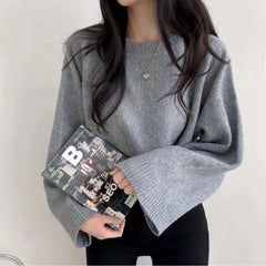 Solid Color Round Collar Pullover Crop Sweater