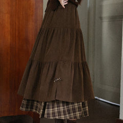 Woolen Corduroy Patchwork Plaid High-Waist A-Line Long Skirt Dress