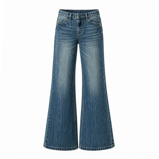 2000s Vintage Cat-Claw Cracked Bamboo Flared Jeans – High-Waist Wide-Leg Denim XS–XL
