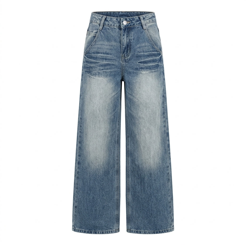 Light blue wide-leg denim jeans with a faded wash and decorative front pleats, shown on a plain white background.