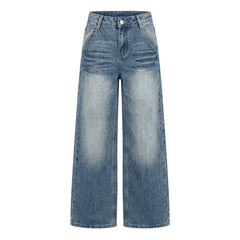 Light blue wide-leg denim jeans with a faded wash and decorative front pleats, shown on a plain white background.