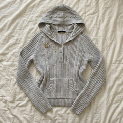 2000s Cable Knit Hooded Pullover – Button Placket Hoodie in Gray One Size