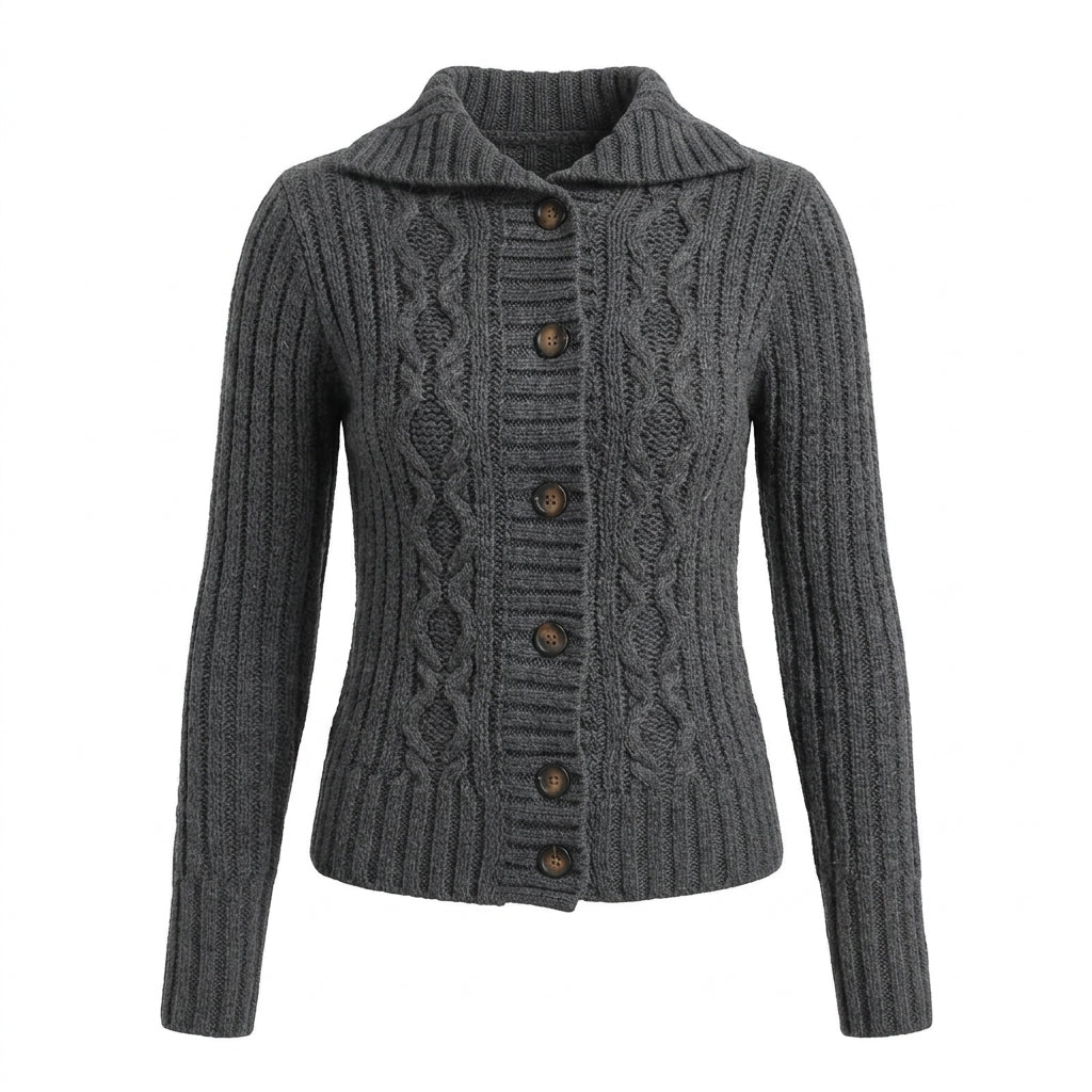 2000s Cable Knit Lapel Button Cardigan – Chunky Oversized Sweater in Dark Gray One Size