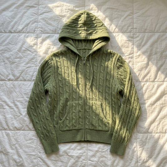 2000s Cable Knit Zip-Up Hooded Cardigan – Avocado Green One Size