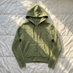2000s Cable Knit Zip-Up Hooded Cardigan – Avocado Green One Size