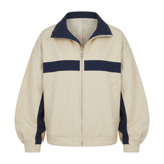 2000s Color Block High-Collar Zip-Up Track Jacket – Loose Fit Short Blouson in Khaki S–L