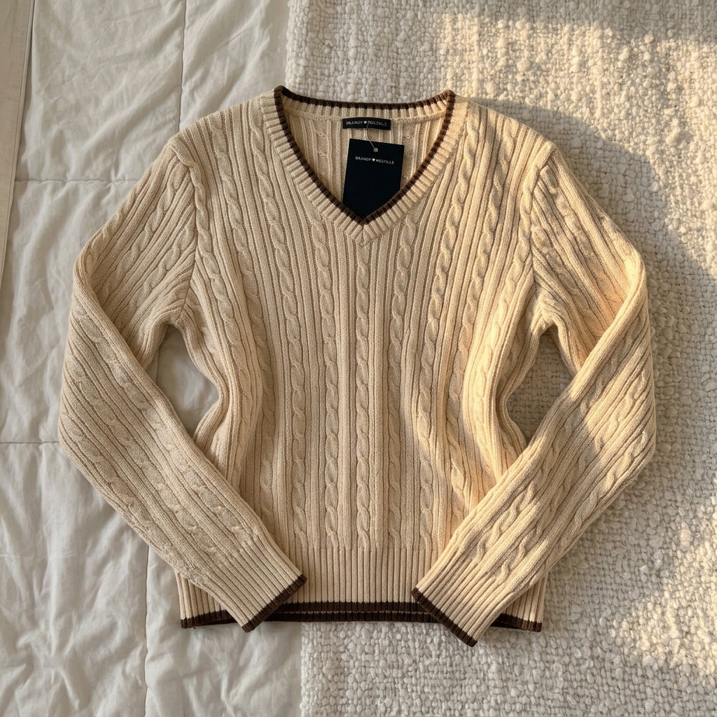 2000s Cream Cable Knit V-Neck Sweater – Preppy Brown Contrast Trim Pullover One Size