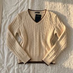 2000s Cream Cable Knit V-Neck Sweater – Preppy Brown Contrast Trim Pullover One Size