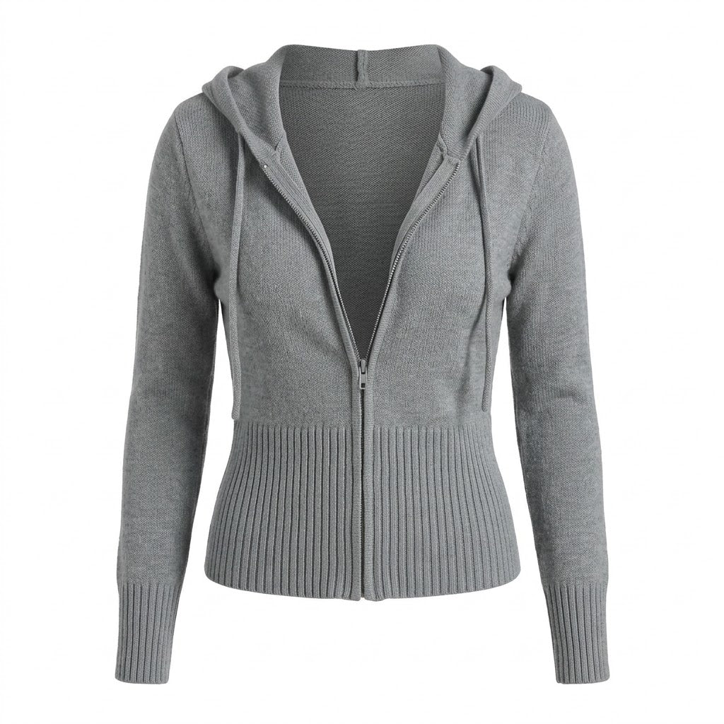 2000s Cropped Knitted Zip-Up Cardigan – Hooded Ribbed Knit