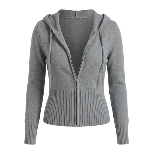 2000s Cropped Knitted Zip-Up Cardigan – Hooded Ribbed Knit