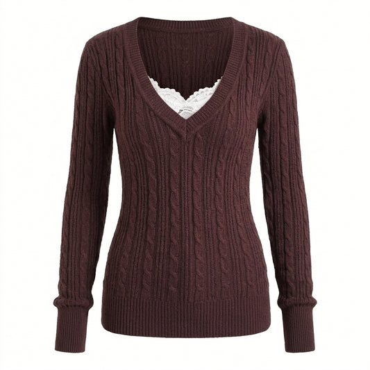 2000s Deep V-Neck Cable Knit Slim Pullover Sweater – Burgundy S–L