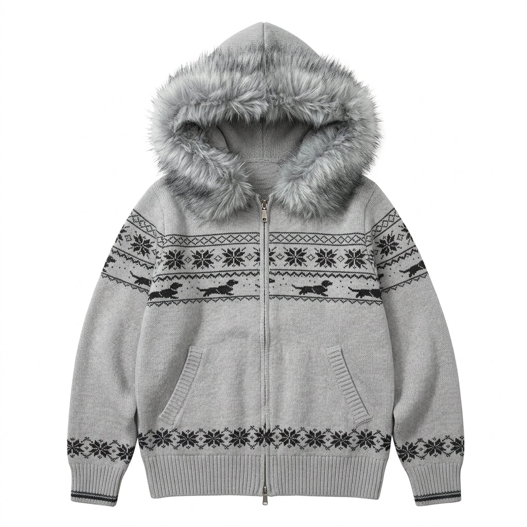 2000s Fair Isle Faux Fur Hood Oversized Knit Zip Cardigan