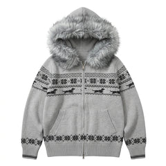 2000s Fair Isle Faux Fur Hood Oversized Knit Zip Cardigan