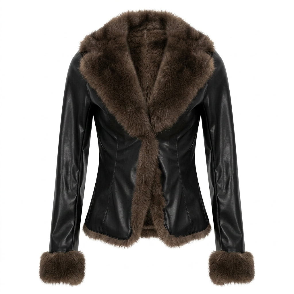 2000s Faux Fur Collar Leather Jacket – Slim Fit Black PU Jacket with Fur Trim Cuffs