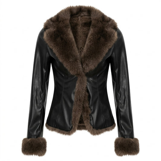 2000s Faux Fur Collar Leather Jacket – Slim Fit Black PU Jacket with Fur Trim Cuffs