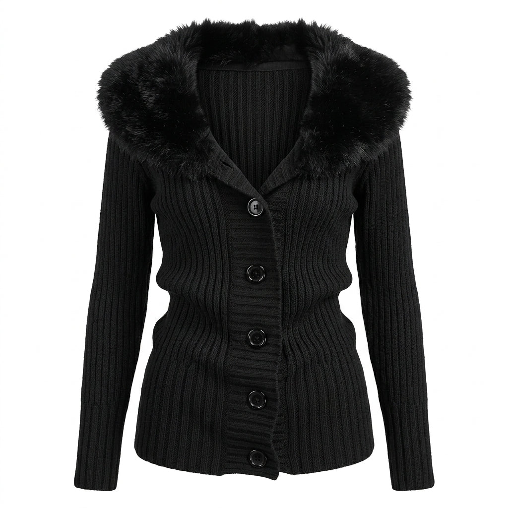 2000s Faux Fur Collar Ribbed Knit Cardigan