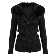 2000s Faux Fur Collar Ribbed Knit Cardigan