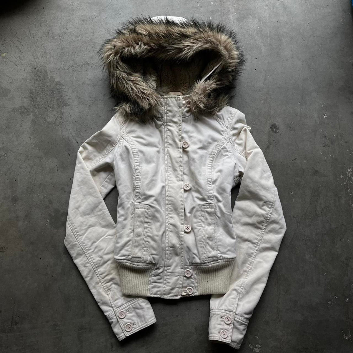 2000s Fleece-Lined Workwear Hooded Jacket – Fur Trim Utility Coat in White Black S–XL