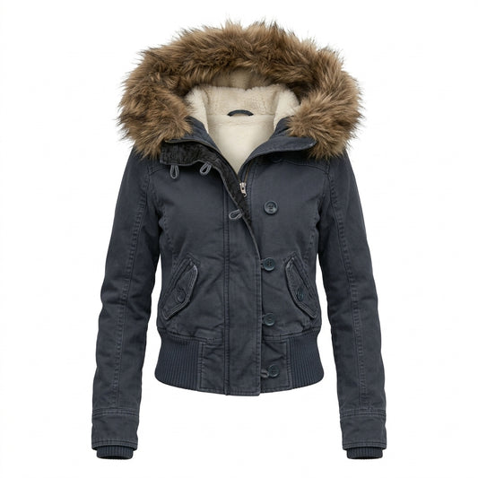 2000s Fleece Hooded Jacket with Faux Fur Trim – Button Front, S–L