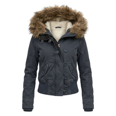 2000s Fleece Hooded Jacket with Faux Fur Trim – Button Front, S–L